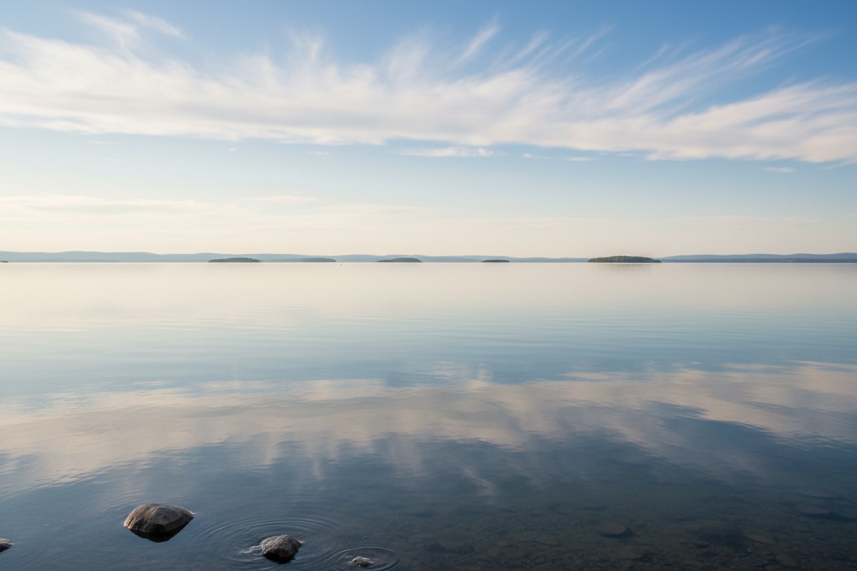 A calm lake reflects the blue sky and wispy clouds with small islands visible on the distant horizon.